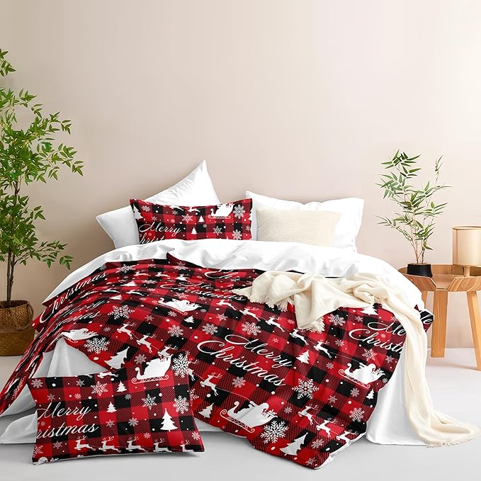 Christmas Duvet Cover Twin Size Red Black Gingham Bedding Set 2 Pieces Kids Boys Girls Christmas Deer Pattern Soft Warm Comforter Cover with Zipper Closure and 1 Pillowcase (No Comforter)