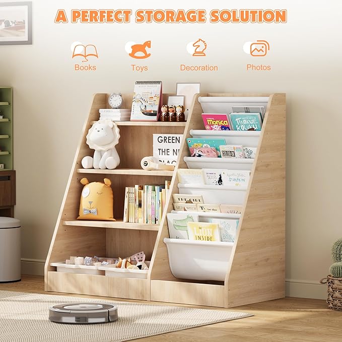 NACHES 4 Tier Kid Bookshelf Wooden 5 Sling Children Bookcase Toddler Montessori Bookcase Book Rack Display Toy Storage Organizer Adjustable Book Display Shelf Stand Classroom Bedroom Nursery Playroom