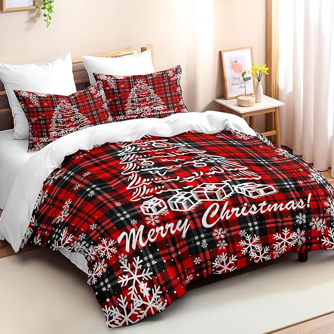 Christmas Duvet Cover Queen Size Black Red Gingham Xmas Bedding Set 3 Pcs Kids Boys Girls Christmas Tree Plaid Pattern Soft Comforter Cover with Zipper Closure (No Comforter)