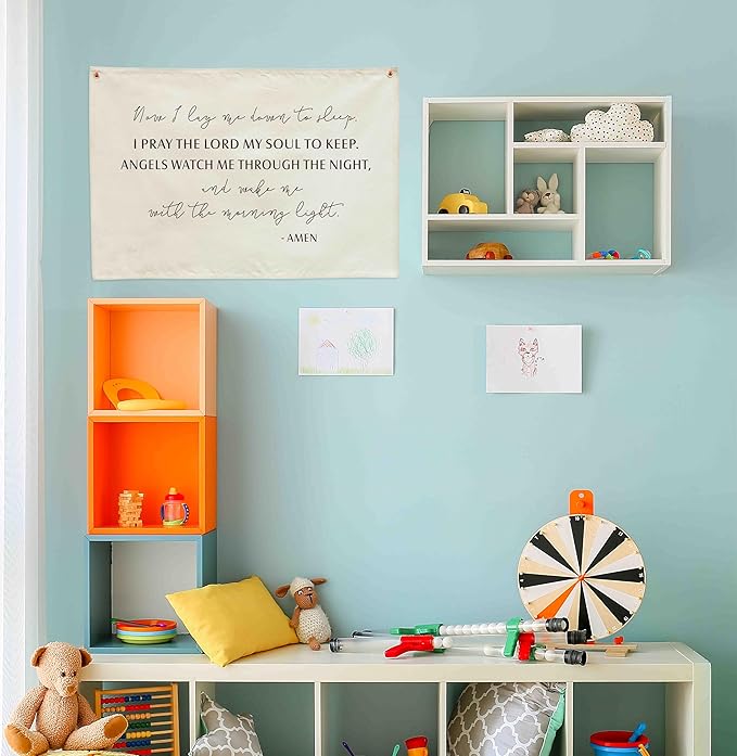 Rectangular Nursery Wall Banner Decor-Hanging Flag Poster Wall Art for Bedroom Decoration, Baby Growth Stuff-Baby Shower Birthday Christmas Gift for Baby Boys Girls Kids-Now I Lay Me Down to Sleep