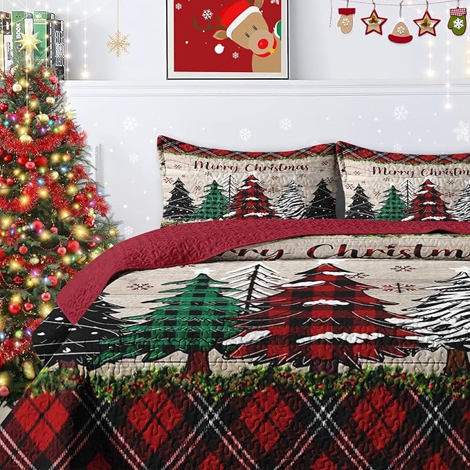 Christmas King Size Quilt Set, Black Red Plaid Lightweight Bedspread Coverlet with Pillow Shams for Kids and Adults, Retro Colorful Pine Tree 3 Pcs Bedding Bed Cover