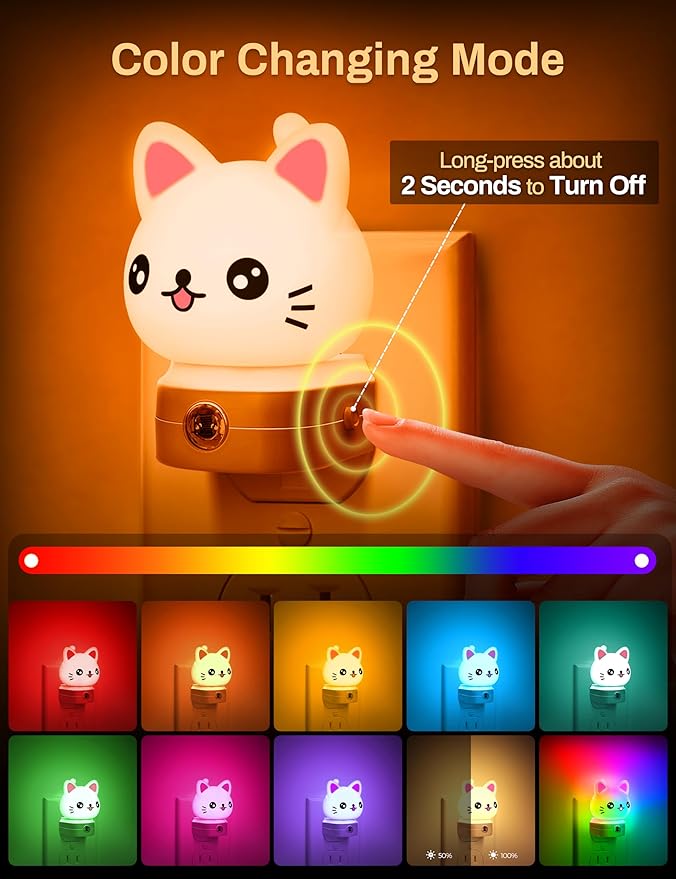 DORESshop Cat Night Lights Plug Into Wall, Cute Night Light for Kids, 8-Color RGB LED Night Light with Dusk to Dawn Sensor, Nightlight for Kids Room, Bathroom, Bedroom Décor, Children Christmas Gift