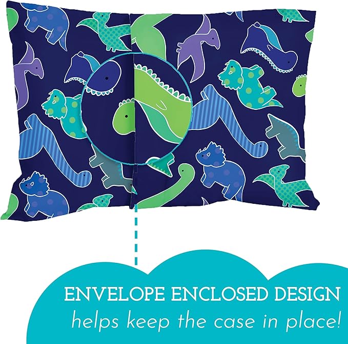 Little Sleepy Head Youth Pillow with Pillowcase 16x22, Soft Jumbo Toddler Pillow & Hypoallergenic Pillowcase - Best Kids Pillows for Sleeping, Perfect Kids Travel Pillow (Dinosaurs Blue)