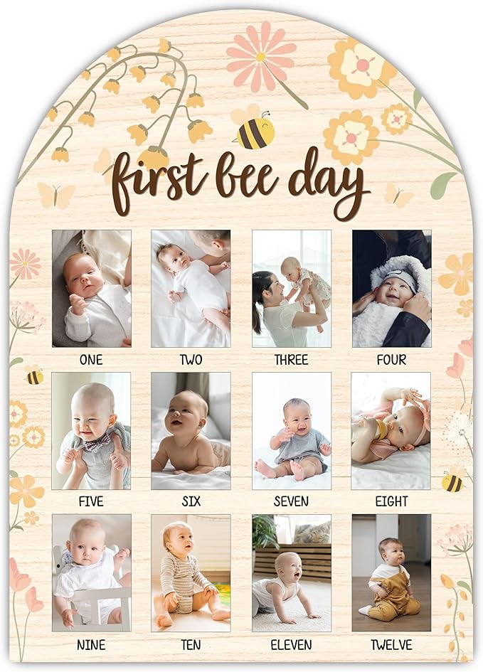 One Year of Wood Photo Board, My First Year Milestone Photo Board, 12 Monthly Baby Picture Frame, First Bee Day Nursery Decor, Girl Boy 1st Birthday Decorations, Baby Keepsake Gift-A18
