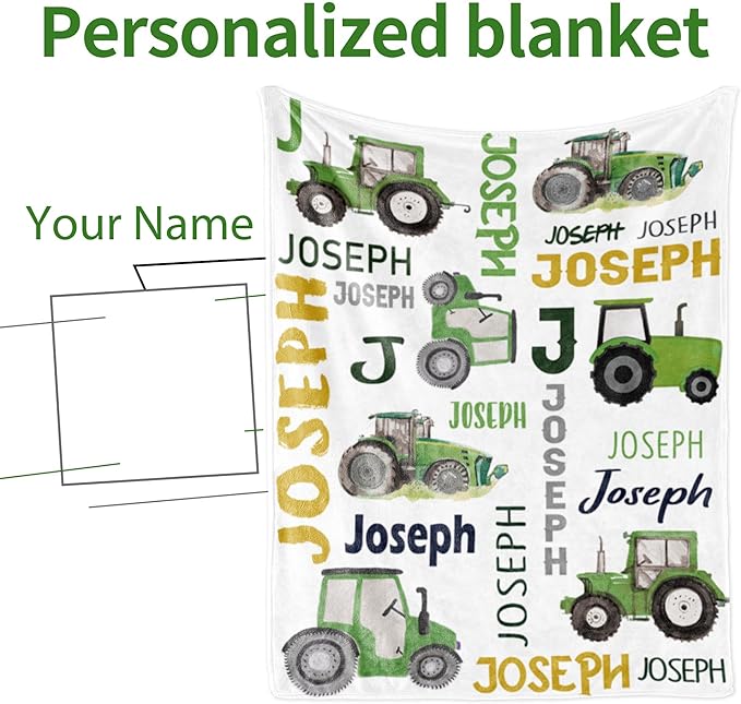 Custom Tractor Blanket with Name for Boys Girls Kids, Personalized Name Blanket Trucks, Soft Flannel Blankets Customized Gift for Children Day Birthday Christmas-40 x50