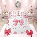 Feelyou Pink Bowknot Comforter Set All Season Christmas Candy Cane Snowflake Bedding Set with 2 Pillow Cases Cute Bow Microfiber Kids Queen Bedclothes Dreamy Princess Style Bedroom Decor Duvet Quilt