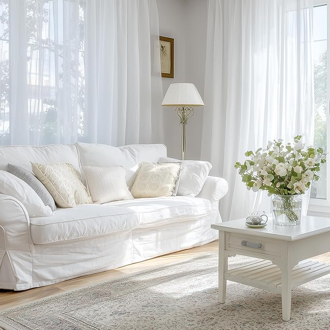 Dreaming Casa White Sheer Curtains 96 Inches Long, Rod Pocket & Back Tab Light Filtering Textured Sheers for Living Room Bedroom, 2 Panels, Each 100" W x 96" L
