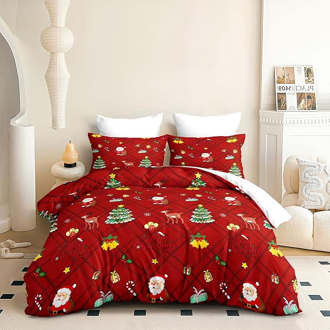 Christmas Duvet Cover Twin Size Red Gingham Christmas Bedding Set Kids Boys Girls Xmas Grid Checked Cartoon Deer Pattern Comforter Cover 2 Pcs with Zipper Closure (No Comforter)