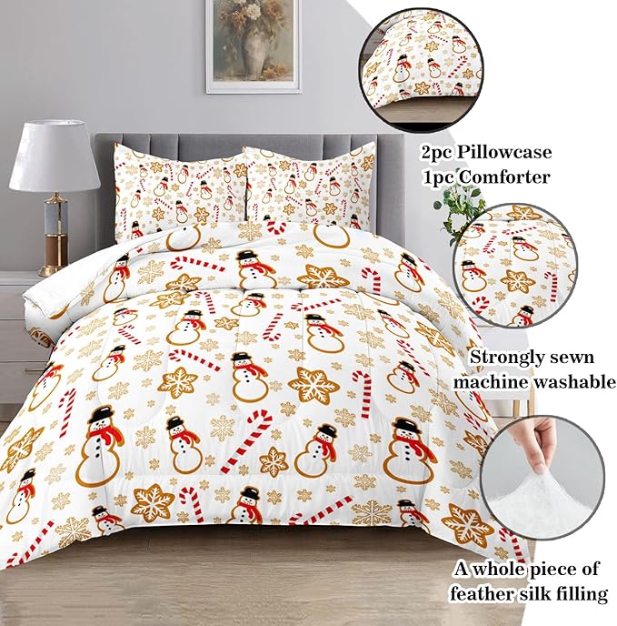 Raphus cucullatus Christmas Bedding Twin,Snowman Christmas Comforter Set,Holiday Bedding Winter Quilt,Snowflake Navidad Comforter Set Twin,Cute Candy Cane Quilt
