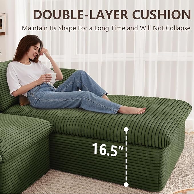 Cloud Sectional Couch,136 Inch Modular Sectional Sofa with Deep Seat, Modern Corduroy Boneless Couches with L-Shape Chaise for Living Room Bedroom, No Assembly Required (Green, Right Facing Chaise)