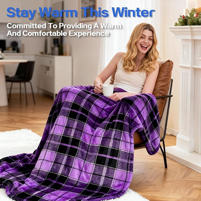 Electric Blanket Heated Throw, Soft Flannel 50"x60" Plaid Heating Blanket with 8 Hours Auto Off 10 Fast Heating Levels Machine Washable Sherpa Heated Blanket with Overheating Protection