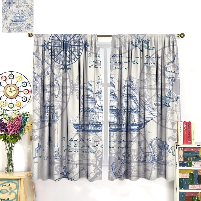 Nautical Sailboat Map Curtain,Ship Compass Lighthouse Anchor Decorative Curtain Polyester Fabric Waterproof Bedroom Curtain Set 2 Panels,63x63 Inches