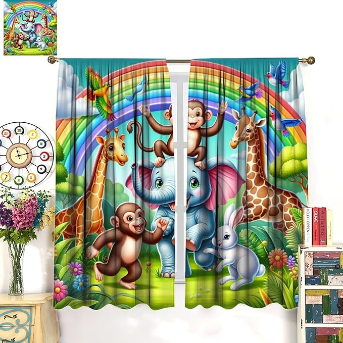 Animals Window Curtain Rod Pocket Kids Boys Girls Forest Giraffe Elephant Monkey Flowers Window Treatment for Baby Children Bedroom Living Room 63" W X 72" L