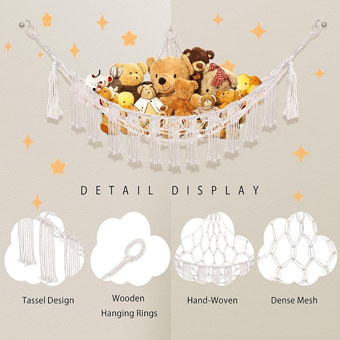 Stuffed Animal Hammock with LED Light, Large Stuffed Animals Storage Corner Plushie Net for Kids Room Decor, 2 Packs White