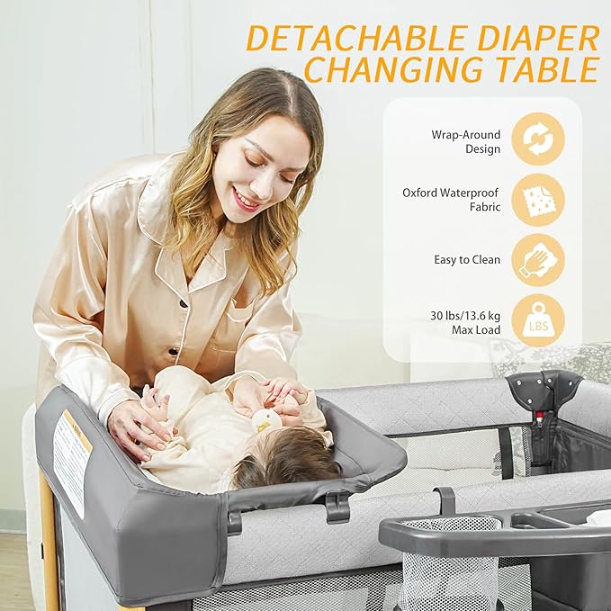 Baby Bassinet Bedside Crib with One-Hand Setup 5-in-1 Foldable Pack n Play for Travel, Portable Baby Bassinet with Diaper Changer & Adjustable Mattress for Newborn to Toddler (Grey)