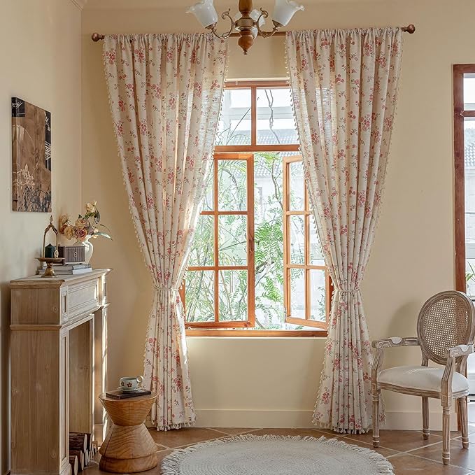 ENJOYBRIDAL Pink Floral 63 Inch Curtains 2 Panel Set Boho Tassel Drapes Short Farmhouse Rod Pocket Semi Sheer Window Curtains Bedroom Living Room Rustic Dining Room Aesthetic Decor Window Treatments