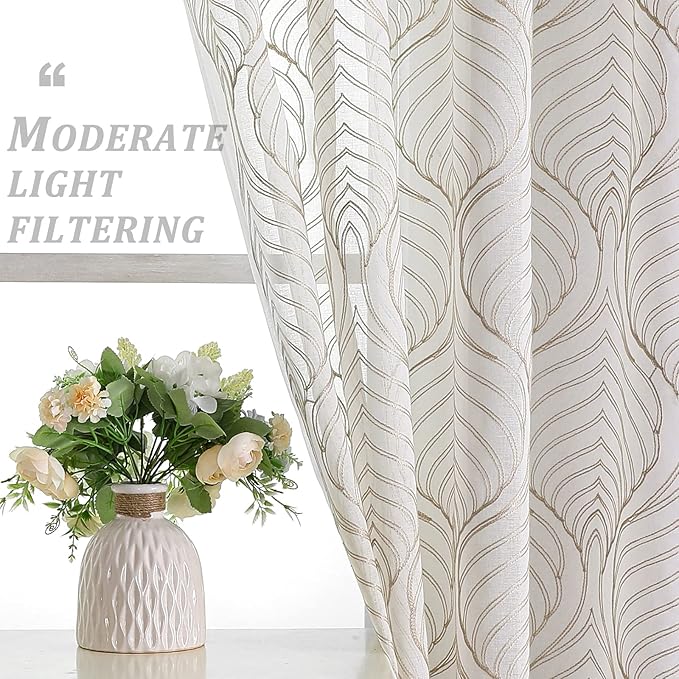VISIONTEX Sheer Curtains 63 Inch Length 2 Panels Set Taupe Moroccan Embroidery Texture Geometric Rod Pocket Ivory White Voile Tulle Semi Window Treatment Pair for Bedroom Living Room 54 x 63 Inches