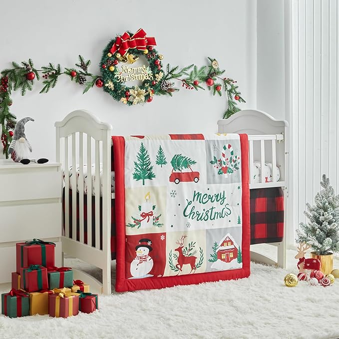 Christmas Red Crib Bedding Set 3 Pieces New Year Style Quilted Plaid Comforter with Fitted Sheet and Bed Skirt - Cute Snowman House Deer Red Gray Design Baby Crib Bed Set