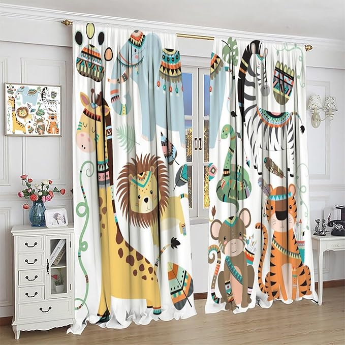 Jungle Tribal Animals Curtains, Southwest Aztec Cartoon Funny Zoo Animals Giraffe Lion Elephant Zebra Tiger Print Thermal Insulation Window Drapes for Kids Boys Girls Bedroom Living Room 55x63in