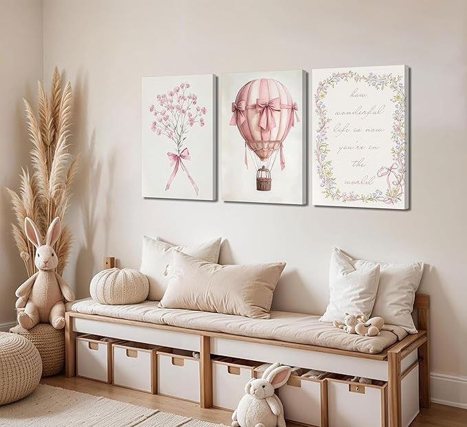 3Pcs Pink Nursery Canvas Wall Art Pictures Cute Baby Girls Room Posters Print Neutral Pink Bow Bouquet Hot Air Balloon Pastel Painting Wall Decor for Kids Room Little Girl Bedroom 12x16in Framed