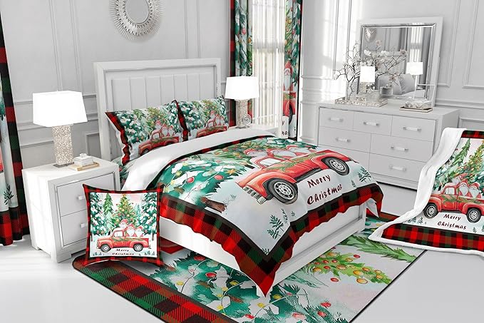 Xmas Theme Bedding Set Full Size,Christmas Tree Retro Red Truck Comforter Set for Kids Boys Girls Room Decor,Black Red Plaid Duvet Insert 3Pcs,Cartoon Gnome Merry Christmas Quilt Set,2 Pillowcases