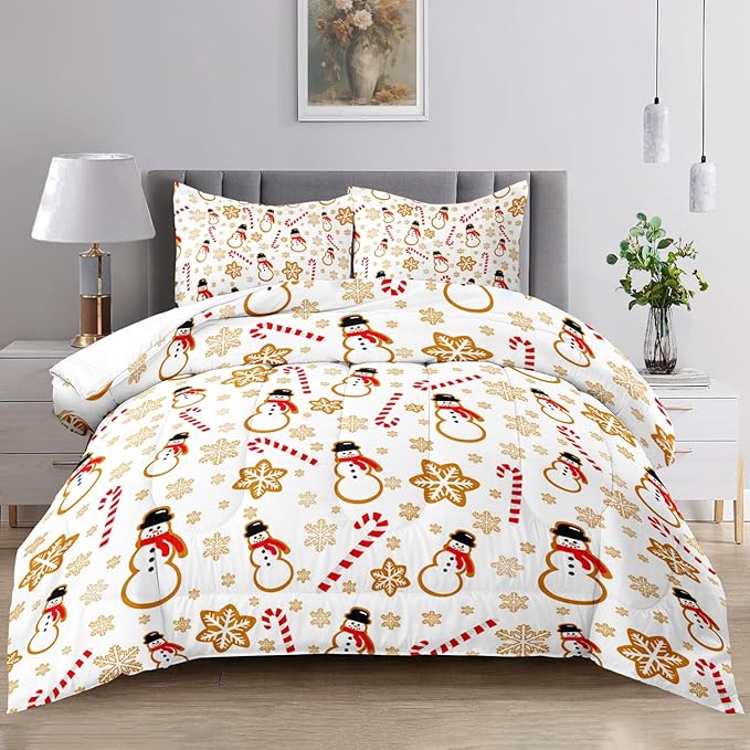 Raphus cucullatus Christmas Bedding Twin,Snowman Christmas Comforter Set,Holiday Bedding Winter Quilt,Snowflake Navidad Comforter Set Twin,Cute Candy Cane Quilt