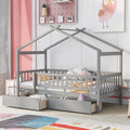 Aoowow Twin Size House Bed with Storage Drawers,Kids Wooden Bed Frame Twin House Bed with Slats and Fence for Boys Girls Teens for Bedroom(Grey)