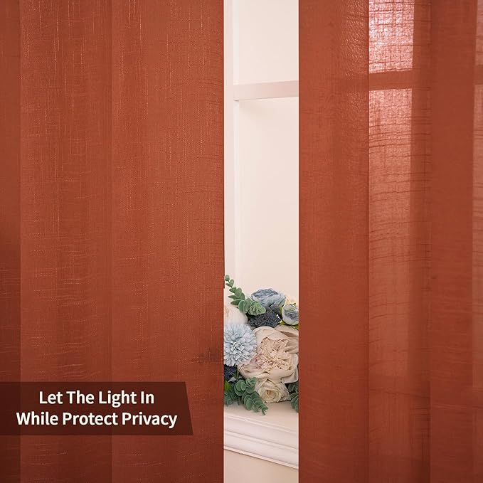 MIULEE Burnt Orange 2 Panels 84 Inch Long Farmhouse Linen Sheer Window Curtains Elegant Terracotta Rust Fall Autumn Drapes Grommet Top Linen Textured Voile for Bedroom Living Room (52 X 96 Inch)