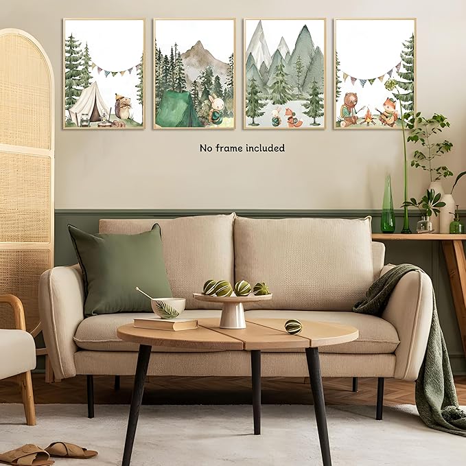 Woodland Adventure Nursery Canvas Wall Art Set of 4 Camping Animal Prints BearFox Rabbit Hiking PostersForest Mountain Themed Kids Room PictureNature Exploration Wall Decor Frameless 16x24In ﻿