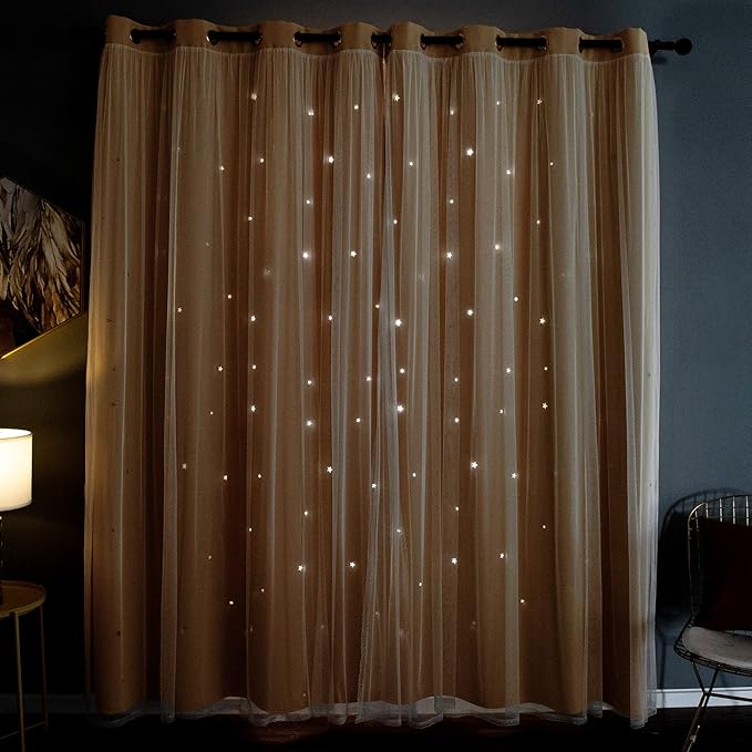 Kinryb Blackout Curtains for Girl Bedroom/Living Room/Classroom, Sheer Overlay 63 Inches 2 Panel Set, Double Layer Curtains with Star Cutout for Kids Room(W 52 x L 63 Inches,Yellow 2 Pcs)