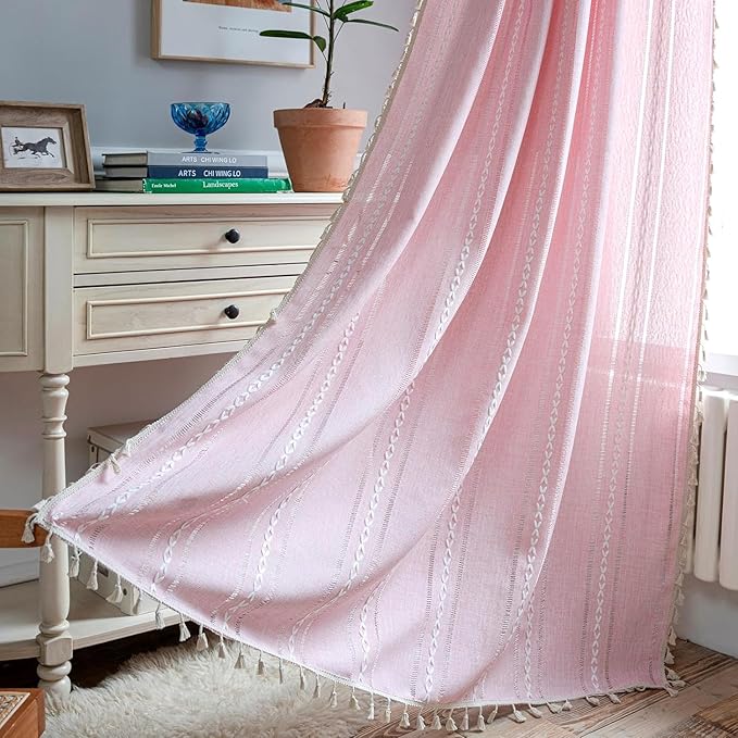 Deeprove Pink Boho Linen Curtains 63 inches Length for Baby Teenage Girl Bedroom Living Room Dining Nursery, Hollow Semi Sheer Curtains Darkening Embroidery Drape Window Treatment, 1 Panel W52 x L63