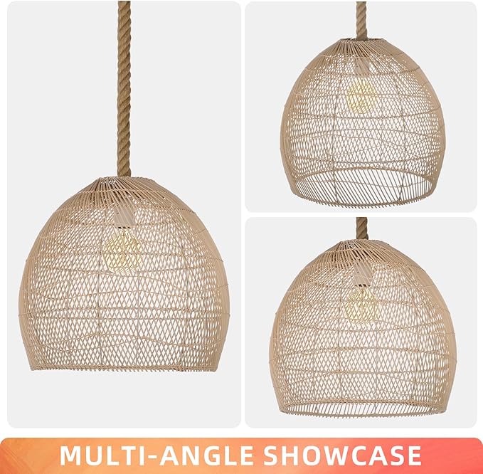 Arturesthome Natural Rattan Pendant Light for Kitchen Island, Woven Lamp Shade Chandelier, Hanging Ceiling Light, Handmade Lampshade Rope Lamp D15.7in*13.7in
