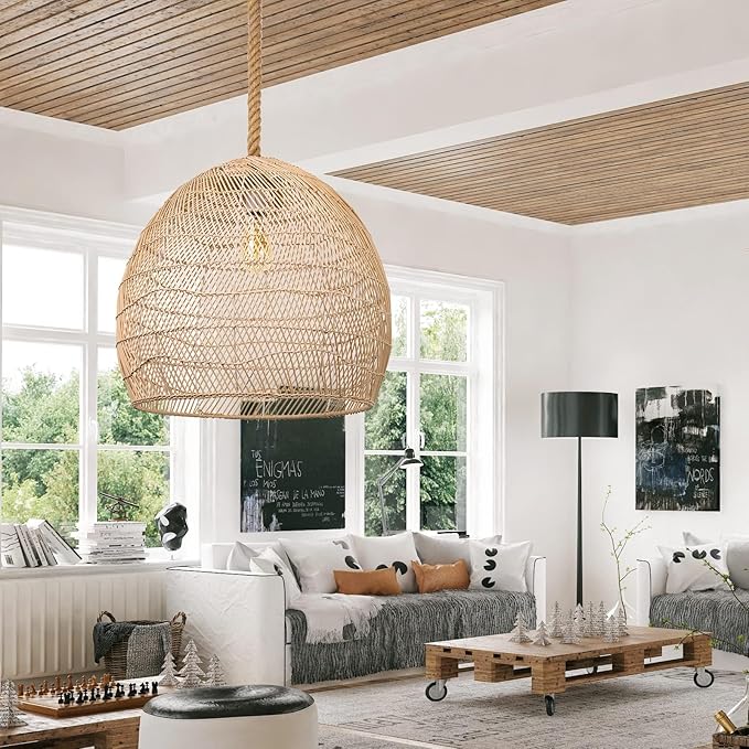 Arturesthome Large 23.6in Rattan Pendant Light for Kitchen Island, Woven Rope Lamp Shade, Hanging Ceiling Light Shade, Handmade Lampshade Chandelier for Dining Room