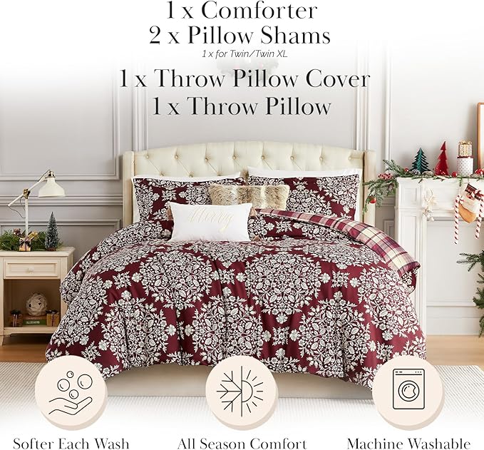 Southshore Fine Living, Inc. 5-Piece Reversible Christmas Comforter Set California King/King, Christmas Bedding King, Plaid Comforter, 2 Throw Pillows, 2 Shams, Holiday Bedding - Christmas Carol