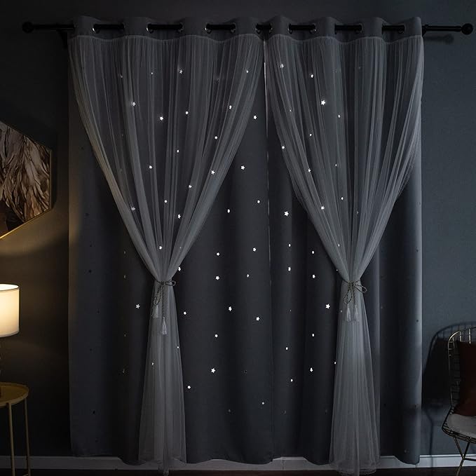 Kinryb Sheer Overlay Curtains for Girls Bedroom,84 Inches Grey Panle,2 Free Tiebacks Double Layer Curtains for Bedroom,Star Cutout Panle for Kids Room(52W*84L Inches,2 Panel Greyish White)