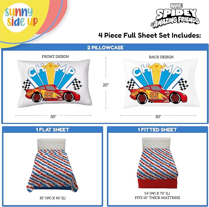 Sunny Side Up Disney Pixar Cars Lightning McQueen Full Sheet Set - 4 Piece Kids Racecar Bedding Set Includes Pillow Cover - Super Soft Microfiber Sheets
