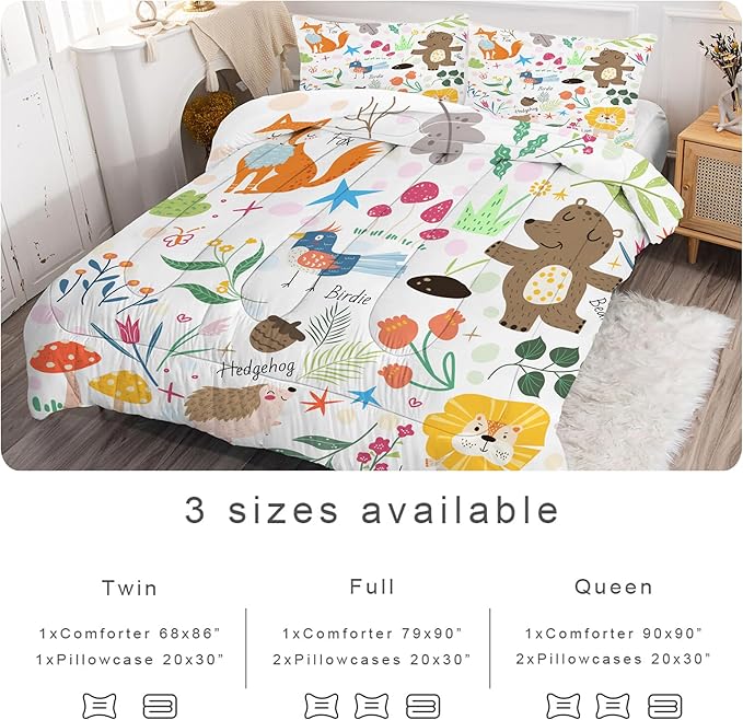 Comforter Set Cartoon Animals: Queen Size Cute Bedding Set for Kids Teen Girls Toddler Boys Kawaii Fox Bear Lion Flowers Soft Quilt Duvet Bed Sets 1 Comforter & 2 Pillowcases