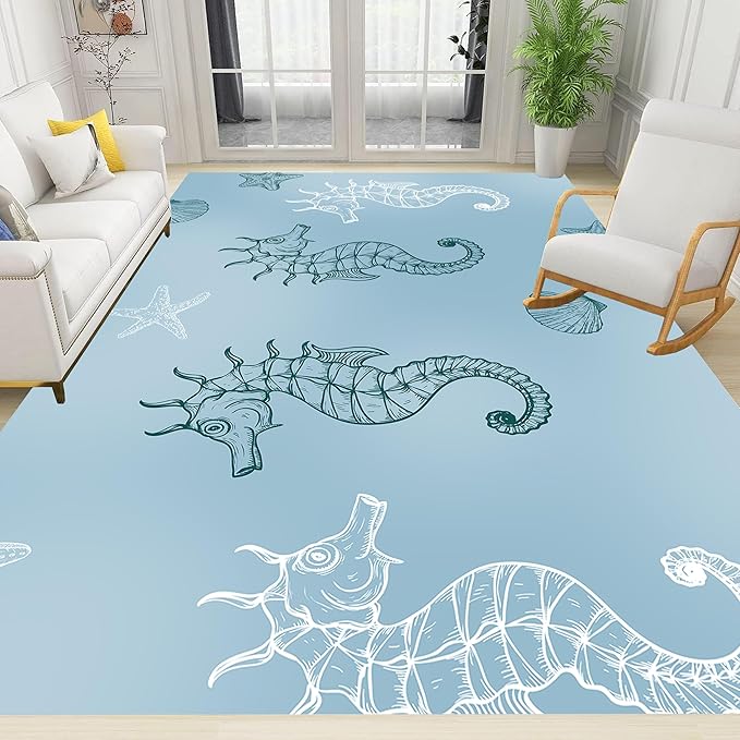 Seahorse Starfish Area Rugs, 5x7ft, Coastal Marine Animal Shell Nautical Rug for Bedroom, Pet Friendly Absorbent Carpet, Floor Decor Dirty Resistant Durable Mat for Bath Room Girls Boys