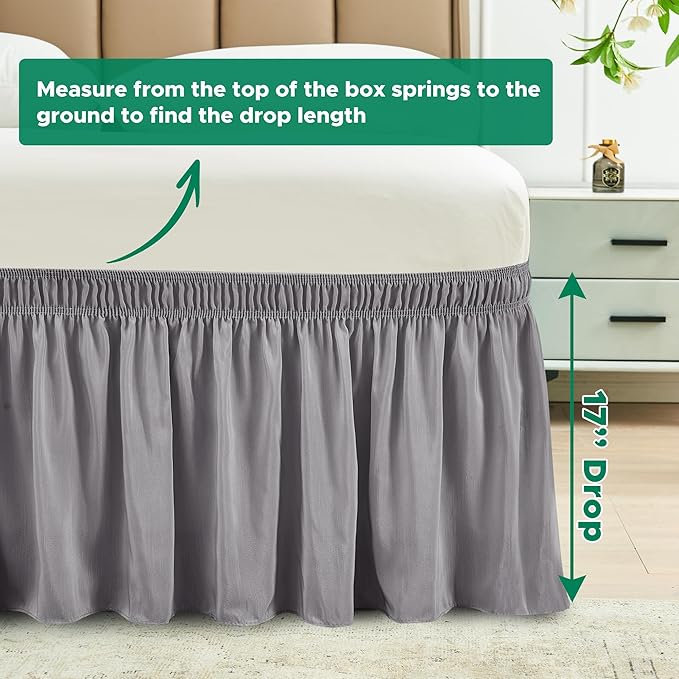Biscaynebay Wrap Around Bed Skirts for Full & Full XL Beds 17" Drop, Silver Grey Adjustable Elastic Dust Ruffles Easy Fit Wrinkle & Fade Resistant Silky Luxurious Fabric Solid Machine Washable