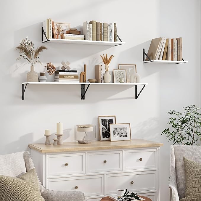 Heimlove White Deep Floating Shelves for Wall, 24W x 8D Wood Wall Shelves Set of 2, Wide Floating Bookshelf for Living Room, Kitchen, Office, Bedroom and Decor Storage, with Black Bracket - White