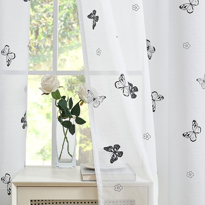 Jubilantex White Sheer Curtain Panels Black Butterfly Floral Pattern Design Drapes 63 Inches Long, Girls Kids Bedroom Textured Window Curtains Light Filtering Rod Pocket Top Drapery, Set of 2