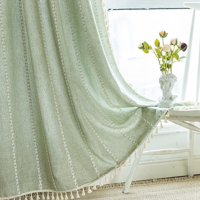 Deeprove Green Boho Curtains 96 Inches Long for Bedroom Living Room, Cotton Linen Stripes Embroidery Weighted, Vintage Bohemian Farmhouse Window Treatment Drape Tassels 1 Panel W52 x L96 Sage