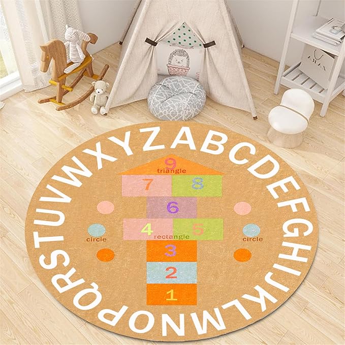 Children's Game Round Rug,7ft,ABC Alphabet Rug, Fun and Educational Hopscotchrug, Soft Non-Slip Children's Room Rug for Classroom, Nursery, Playroom, Playmat