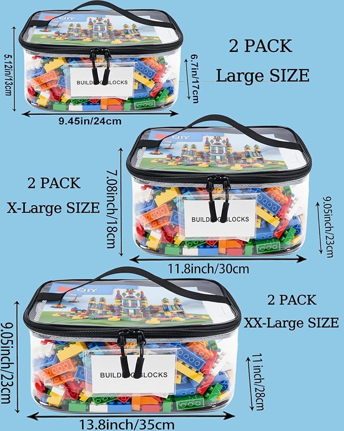6 Pack Extra Large Clear Toy Storage Bags with Tag and Manual Pocket – Versatile Waterproof Organizer Bags for Lego Bricks, Board Games, Building Blocks, Puzzles, Dolls, Books (Mixed Sizes)