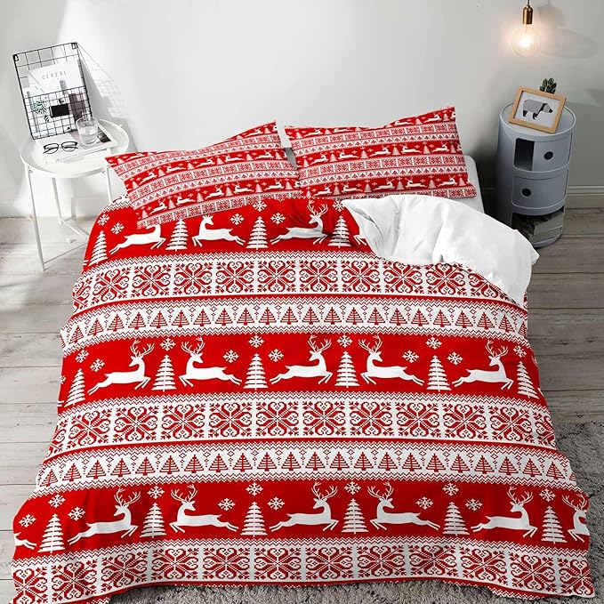 LUVIVIHOME 3PCS Christmas Duvet Cover Full Bedding Set, Red Duvet Cover, White Reindeer Snowflake Christmas Tree Winter Holiday New Year Xmas Striped Comforter Quilt, 2 Pillow Shams