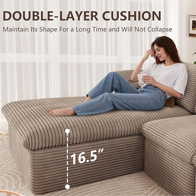 136 Inch Cloud Sectional Couch, Modern Modular Sectional Sofa with Deep Seat, Corduroy Boneless Couches with L-Shape Chaise for Living Room Bedroom, No Assembly Required (Camel, Left Facing Chaise)