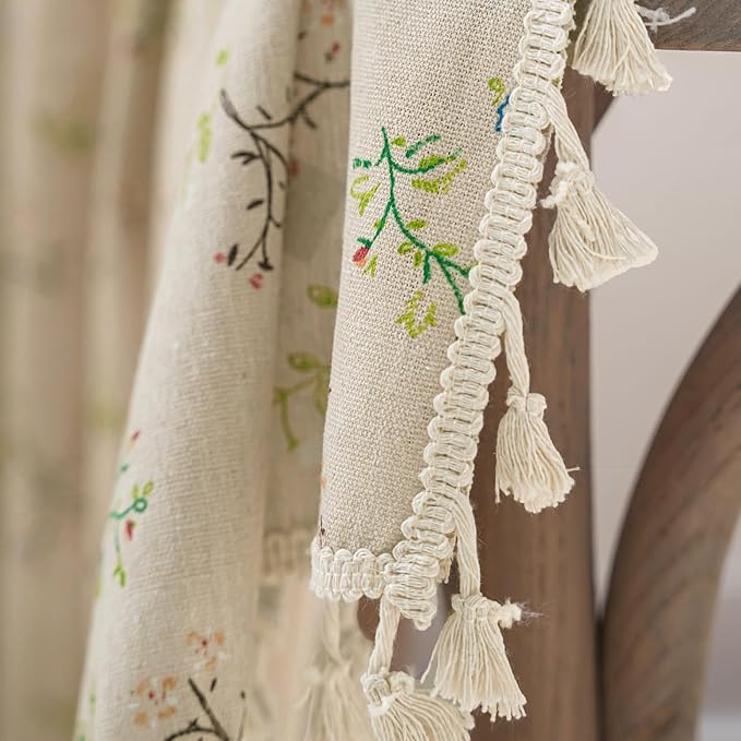 ENJOYBRIDAL Floral Bedroom Curtains 84 Inch Length 2 Panels Set Farmhouse Semi Sheer Living Room Drapes Cotton Linen Blend Bohemian Window Curtain Panels with Tassel Beige Rod Pocket Drapes