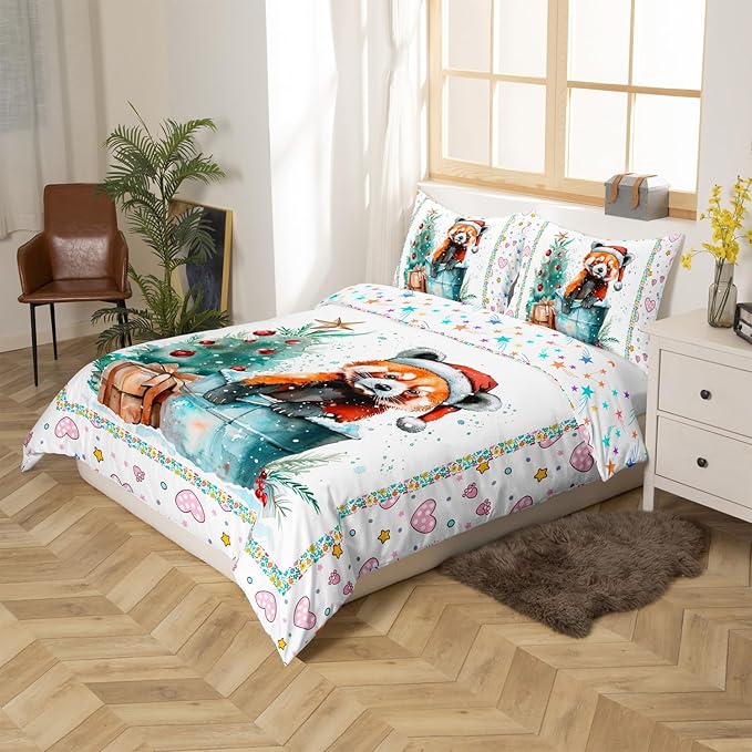 Feelyou Christmas Duvet Cover Set Xmas Tree Bedding Set for Kids Boys Girls Red Panda Love Print Comforter Cover Cute Animal Quilt Cover Room 2Pcs Twin Size,Zipper,No Comforter