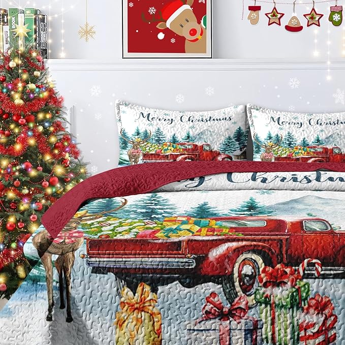 Christmas Full/Queen Size Quilt Set, Red Vintage Truck Elk Lightweight Bedspread Coverlet with Pillow Shams for Kids and Adults, Winter Forest 3 Pcs Bedding Bed Cover