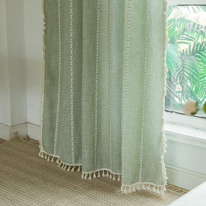Deeprove Green Boho Curtains 96 Inches Long for Bedroom Living Room, Cotton Linen Stripes Embroidery Weighted, Vintage Bohemian Farmhouse Window Treatment Drape Tassels 1 Panel W52 x L96 Sage